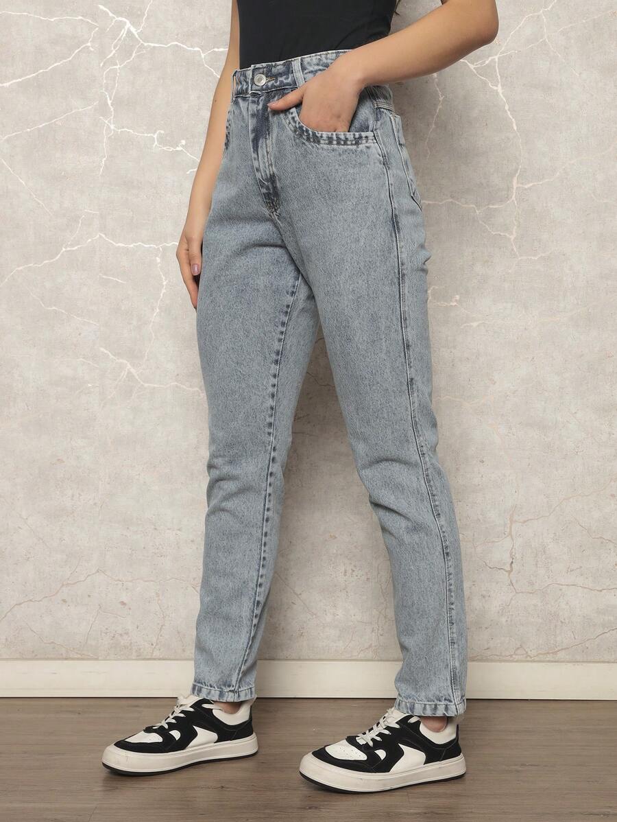 Women's High Waisted Mom Jeans Marbled Thick Fabric Gaven Premium 100% Denim High Waist - 中等水洗藍 - 查看 1