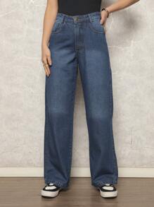Women's Wide Leg High Waist Straight Leg Flare Jeans Elegant 100% Denim - 中藍色 - 查看 2