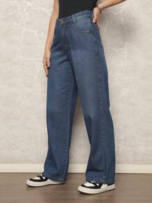Women's Wide Leg High Waist Straight Leg Flare Jeans Elegant 100% Denim - 中藍色 - 查看 1