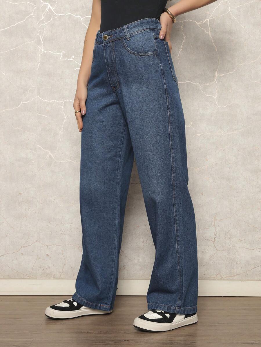 Women's Wide Leg High Waist Straight Leg Flare Jeans Elegant 100% Denim - 中藍色 - 查看 1