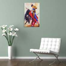 1 pieza Pintura al óleo con marco de madera de decoración de arte de torero español, arte de pared de toro de corrida occidental, decoración de pared, decoración para el hogar, decoración para la sala de estar (40x60cm) Marco - Enmarcado - Ver 5
