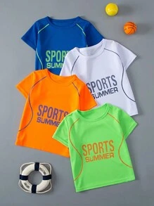 4pcs/Set Boys' Sports Summer Letter Print Breathable Outdoor Training Running Short Sleeve T-Shirt, Spring/Summer - Multicolor - View 1