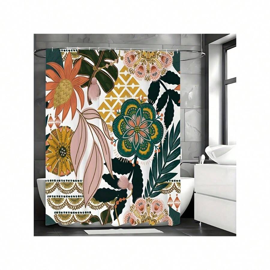 Boho Floral Shower Curtain, Tropical Leaves Fabric Cloth Shower Curtains For Chic Elegant Bathroom Decor, Modern Farmhouse Abstract Colorful Flower Shower Curtain - Leaves - View 1