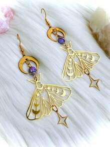 2 件波西米亚时尚铜天然石多色空心蛾、星星、月亮吊坠耳环，适合女性、日常和派对佩戴的礼物 - 彩色 - 查看 3
