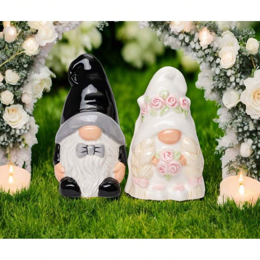 Kevinsgiftshoppe Ceramic Gnome Bride And Groom Salt And Pepper Shakers  Gnome Collector Gift - Black and White - View 1