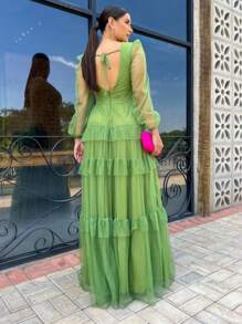 LONG DRESS FOR WEDDING BRIDESMAID TULLE LAYERS LONG SLEEVES - Verde Lima - Ver 2