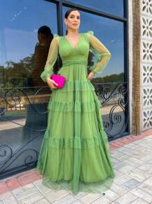 LONG DRESS FOR WEDDING BRIDESMAID TULLE LAYERS LONG SLEEVES - Verde Lima - Ver 1