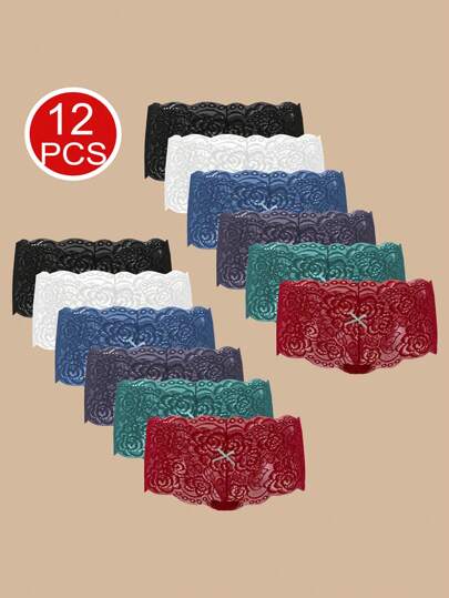 12 Pieces Of Mixed Color Women's Low Waist Underwear, Solid Color Underwear, Comfortable And Breathable Lace Low Waist Elegant Underwear, Comfortable Women's Underwear And Underwear