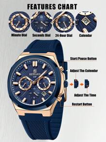 REWARD Men's Quartz Watch Business Fashion Style Timing Calendar Luminous Hands Multi-Functional Men Wristwatch High Quality Gift Classic Design Silicone Watch Band - Navy Blue - View 3