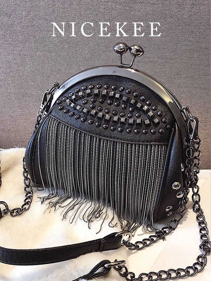 Bolso de hombro versátil clásico, de unicolor, bolso de concha minimalista y elegante con remaches y borlas, bolso cruzado elegante y estiloso, adecuado para ir al trabajo, citas y compras - Negro - Ver 1