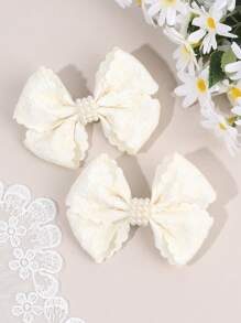 2pcs White Hair Bow Clips For Girls,Fabric Yarn Pearl Hair Bows Clips For Kids,Fashion Alligator Clips Decor Hair Accessories For Toddlers Gifts