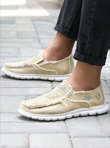 Mocasines casuales de caña baja, de mezclilla lavada con bordado de margaritas, zapatos de lona suaves y duraderos a la moda - Beis - Ver 1