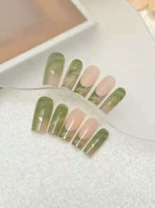 Naio 24 片装中号方形粉色祖母绿光晕染料渐变闪光金箔全覆盖假指甲，适合女性和女孩，可立即提升您的外观，按压式指甲，美甲用品，美甲