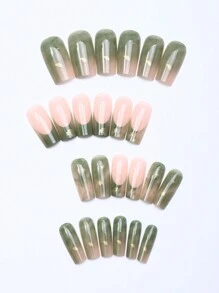 Naio 24 片装中号方形粉色祖母绿光晕染料渐变闪光金箔全覆盖假指甲，适合女性和女孩，可立即提升您的外观，按压式指甲，美甲用品，美甲