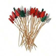 50/100pcs/Pack Christmas Pattern Bamboo Skewers, Christmas Tree, Santa Claus, Snowman Cake Toppers, Holiday Supplies, Disposable Artistic Toothpicks, Fruit Dessert Forks, Fruit Picks, Suitable For Christmas Parties, Perfect Gift - Multicolor - View 6