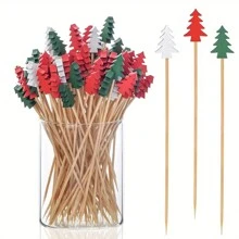 50/100pcs/Pack Christmas Pattern Bamboo Skewers, Christmas Tree, Santa Claus, Snowman Cake Toppers, Holiday Supplies, Disposable Artistic Toothpicks, Fruit Dessert Forks, Fruit Picks, Suitable For Christmas Parties, Perfect Gift - Multicolor - View 4