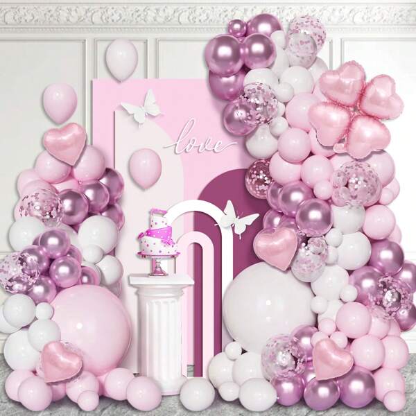 109pcs Pink Balloon Garland And Arch Kit, Includes Macaron Pink & White Balloons Arch, Comes With Pink Heart Foil Balloons, Suitable For Wedding, Bridal Shower, Birthday, Anniversary Party Decor