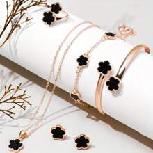 6 件/套韩式五叶花耳环、项链、手链、戒指首饰套装，时尚幸运花和梅花配饰，适合情人节、日常佩戴、节日礼物、妈妈、母亲、母亲节、礼物 - 玫瑰金 - 查看 12
