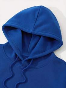 Capucha con estampado de letra con forro térmico con bolsillo de canguro con cordón - Azul - Ver 3