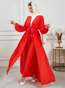 2 件/套纯色重叠 V 领落肩长袖土耳其和阿拉伯传统长袍和裤子，朴素长袍套装，度假装，海滩度假装 - 橘色 - 查看 2