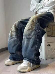 Teenagers Boys' Spring Autumn New Loose Fit Jeans, Retro Design, Baggy Style Casual Long Pants - 藍色 - 查看 4