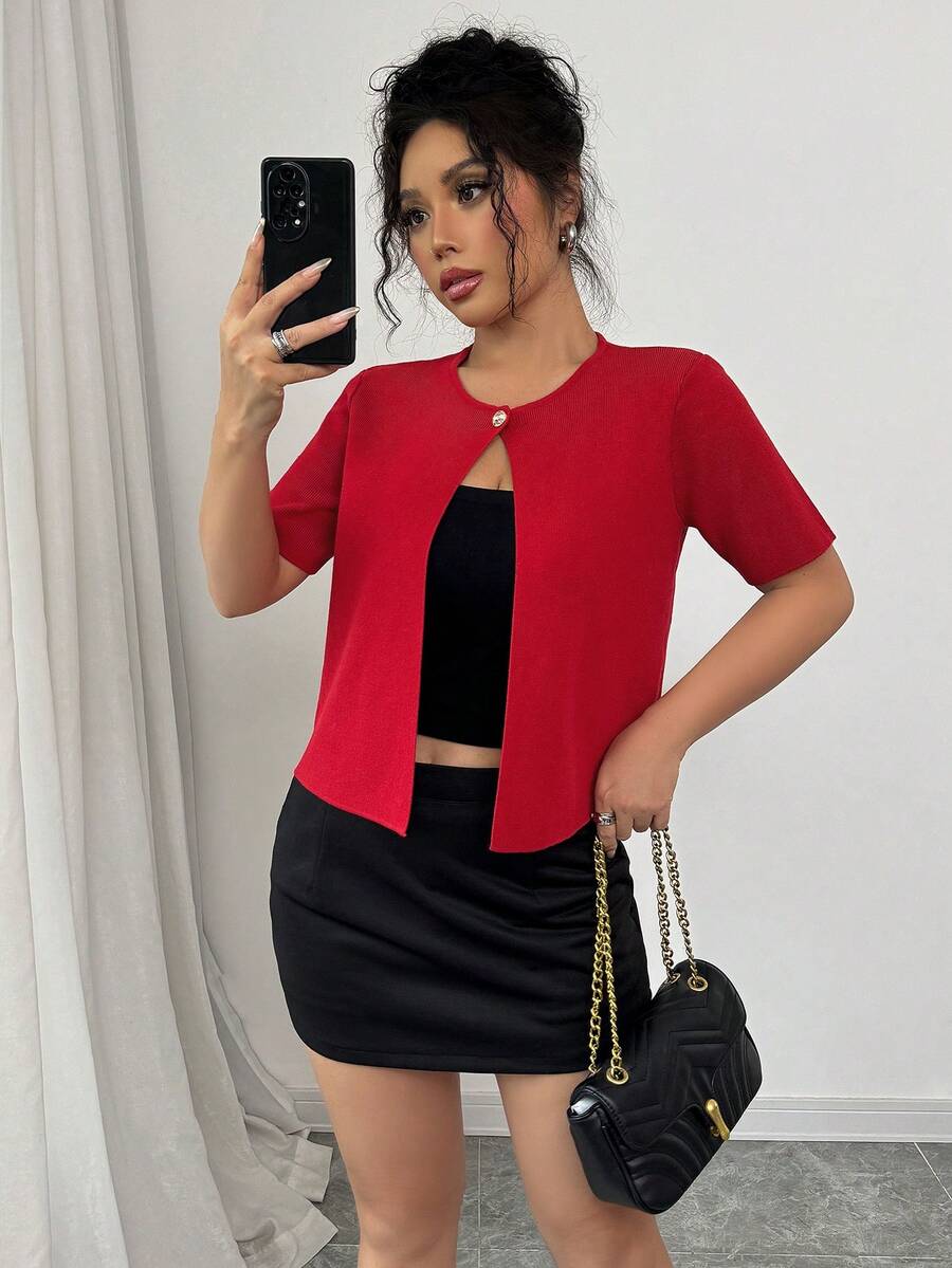 Women Metal Buckle Cardigan, Minimalist Casual Knit Top