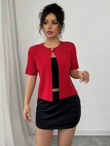 Women Metal Buckle Cardigan, Minimalist Casual Knit Top