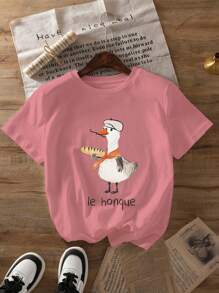 Funny Goose Graphic Print T-Shirt, Short Sleeve Crew Neck Casual Top For Summer & Spring, Women's Clothing - 乾枯玫瑰色 - 查看 1