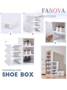 6 Pcs/Set Stackable Clear Plastic Shoe Boxes, Closet Shoe Organizer, Modular Shoe Storage Containers, White Plastic Shoe Storage - White - View 3