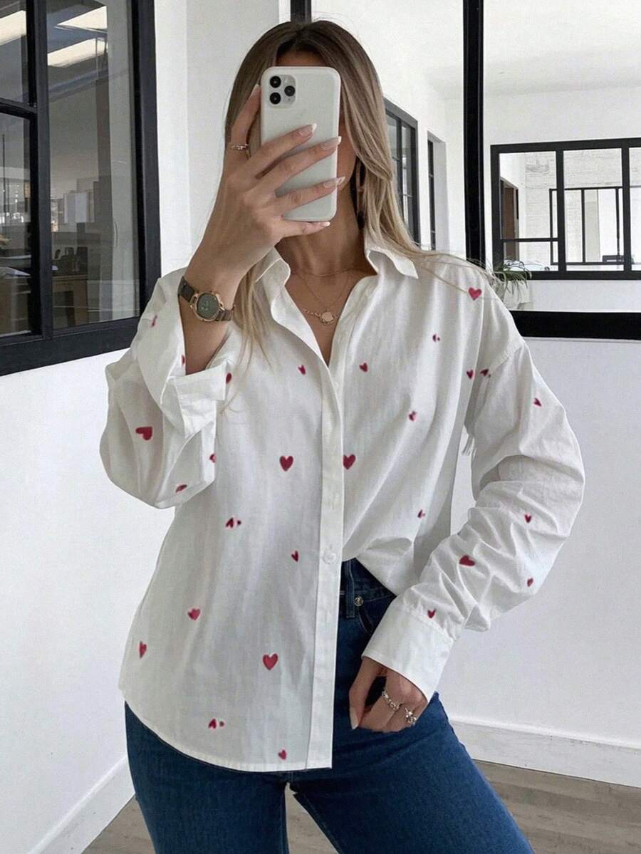White Red Heart Collar Blouse, Office Lady Style For Valentine's Day - Red and White - View 1