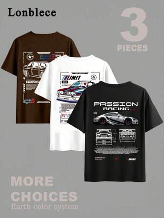 Lonblece 3 件男女通用休闲舒适圆领 T 恤，带有赛车元素印花