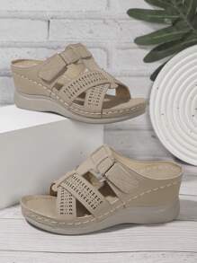 棕色舒适厚底真皮凉鞋，适合妈妈，镂空设计，轻便柔软的底部，百搭，2024 年夏季 - 卡其色 - 查看 6