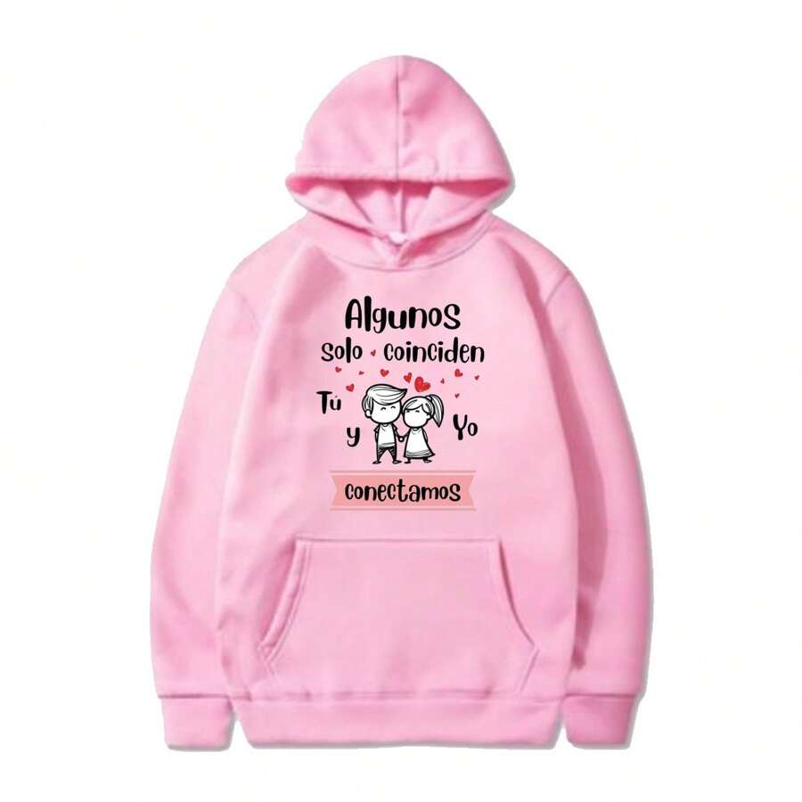 Cotton Sweatshirt Printed With Couple Design "CONNECT" - Pink - View 1