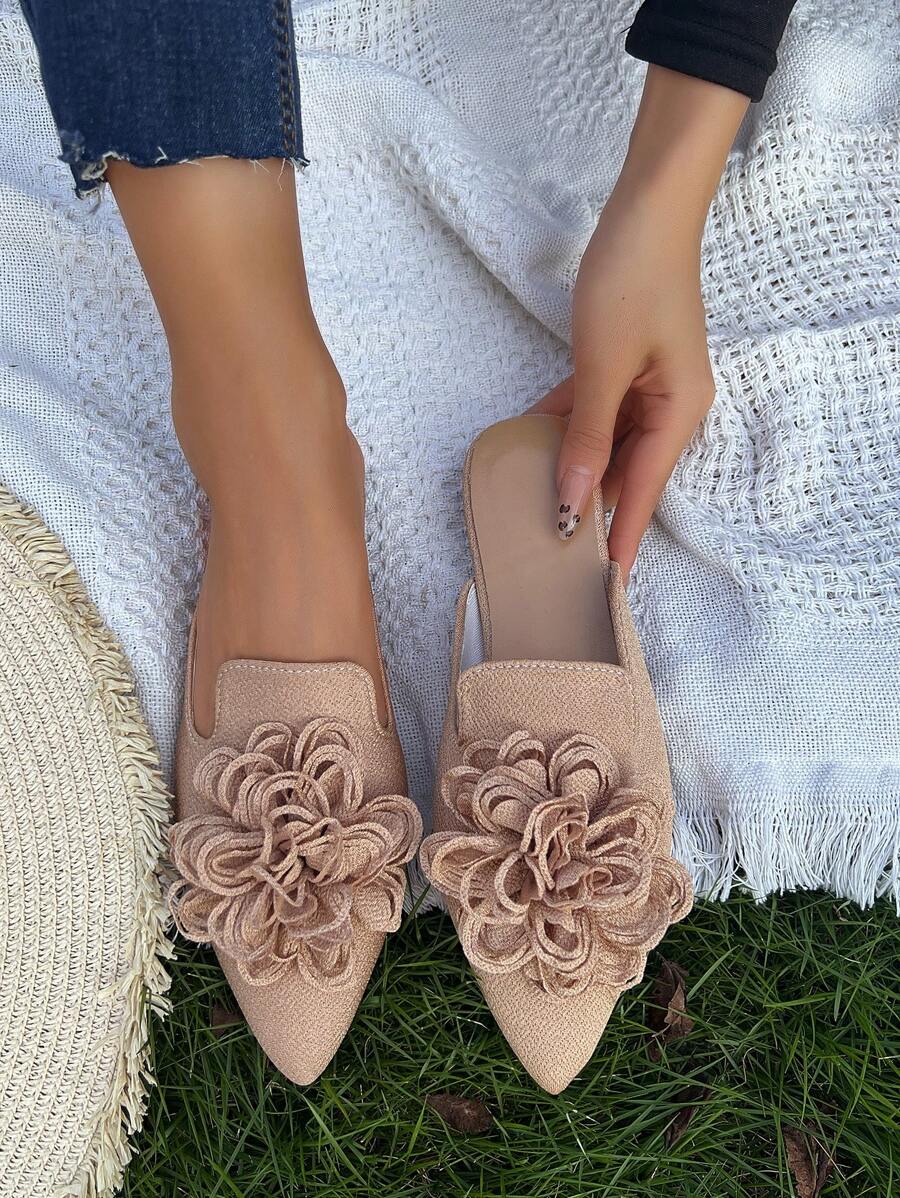 Höst/vinter kakifärgade muleskor med spetsiga tå och prydlig blomdekor, bekväma slip-on-loafers för kvinnor, mångsidiga och eleganta, platta och rygglösa skor för vår och sommar - Kaki - Visa 1