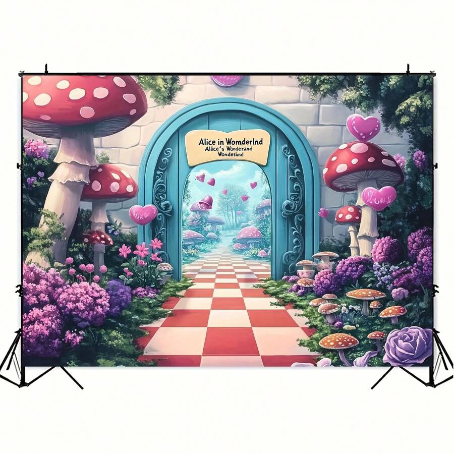 1 szt. Baner w tle z motywem Alicji w Krainie Czarów, wielofunkcyjna dekoracja na przyjęcie, uniwersalny świąteczny urok, nie wymaga zasilania, odpowiedni na urodziny, wesela, walentynki, rekwizyty studyjne, - Wielokolorowe - Zobacz 1