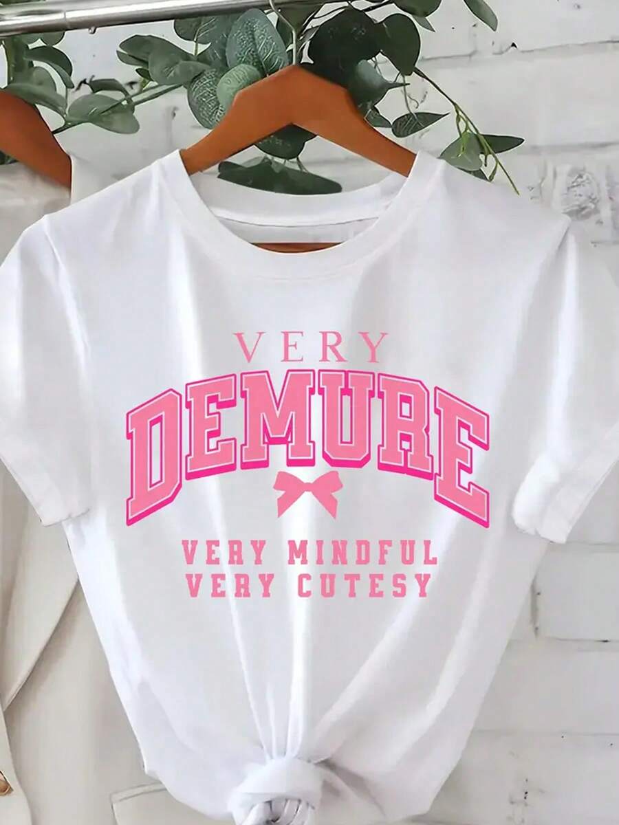 Very Demure Very Mindful Very Cutesy T-Shirt, Women's Round Neck Short Sleeves, Soft And Breathable Suitable For Outdoor Sports Comfortable Printed Clothing Casual Tops - White - View 1