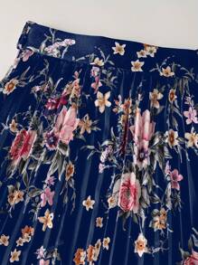 Women's Satin Floral Print Drawstring Pleated Elegant Skirt