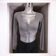 Sexy Crop Top Long Sleeve Button Down Blouse Womens Clothing - 灰色 - 查看 2