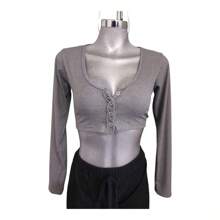 Sexy Crop Top Long Sleeve Button Down Blouse Womens Clothing - 灰色 - 查看 3