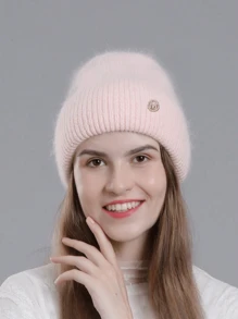 1pc Winter Women's Beanie Metal Tag Fashion Female Stretch Wool Knitted Hat Thick Warm Ear Protection Hood Cold Hats For Woman ,Soft Slouchy Warm Snug Snow Ski Running Unisex Adult Knit Hat