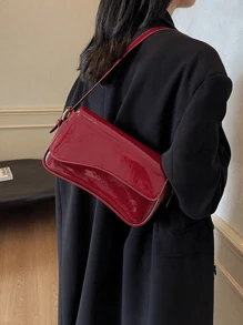 勃艮第包 极简纯色 女士单肩包 翻盖单肩包 法棍包 手提包 腋下包，方形包 一体式 PU 皮革纹理包，漆皮 鳄鱼纹 PU 皮革材质 时尚百搭 优雅性感 适合手提、单肩 工作、商务、通勤、户外、旅行 包包尺寸 27*15*6*，时尚勃艮第包 - 酒紅色 - 查看 6