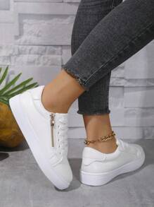 Plus Size Women's Flat Sneakers, White Canvas Fashion Versatile Casual Shoes With Metal Zipper - White - View 5