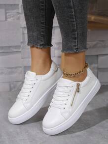 Plus Size Women's Flat Sneakers, White Canvas Fashion Versatile Casual Shoes With Metal Zipper - White - View 2