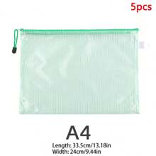 5pcs Zipper A4 Clear Grid PVC Plastic Document Bag, Student Test Paper File Folder, Office Supplies
