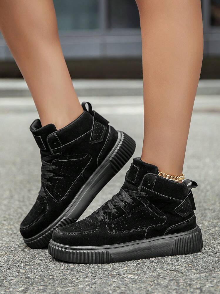 女士时尚复古卡其色系带拼接高帮平底滑板鞋，简约舒适轻便户外百搭休闲运动鞋，男女通用情侣款 - 黑色 - 查看 4