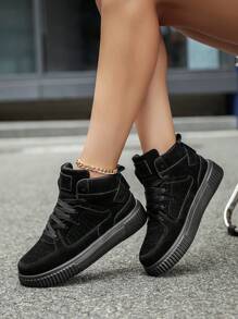 女士时尚复古卡其色系带拼接高帮平底滑板鞋，简约舒适轻便户外百搭休闲运动鞋，男女通用情侣款 - 黑色 - 查看 6