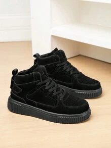 女士时尚复古卡其色系带拼接高帮平底滑板鞋，简约舒适轻便户外百搭休闲运动鞋，男女通用情侣款 - 黑色 - 查看 9