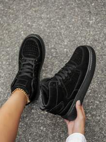 女士时尚复古卡其色系带拼接高帮平底滑板鞋，简约舒适轻便户外百搭休闲运动鞋，男女通用情侣款 - 黑色 - 查看 7