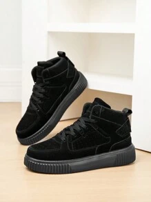 女士时尚复古卡其色系带拼接高帮平底滑板鞋，简约舒适轻便户外百搭休闲运动鞋，男女通用情侣款 - 黑色 - 查看 8