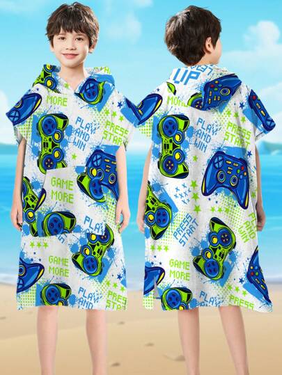 1pc Boys & Big Kids Size Extra Large Super Absorbent Quick Dry Hooded Beach Towel Poncho With Kangaroo Pocket, Windproof, Warm, Ideal For Beach, Swimming, Water Sports, Striped Turtle & Whale & Game Controller Print